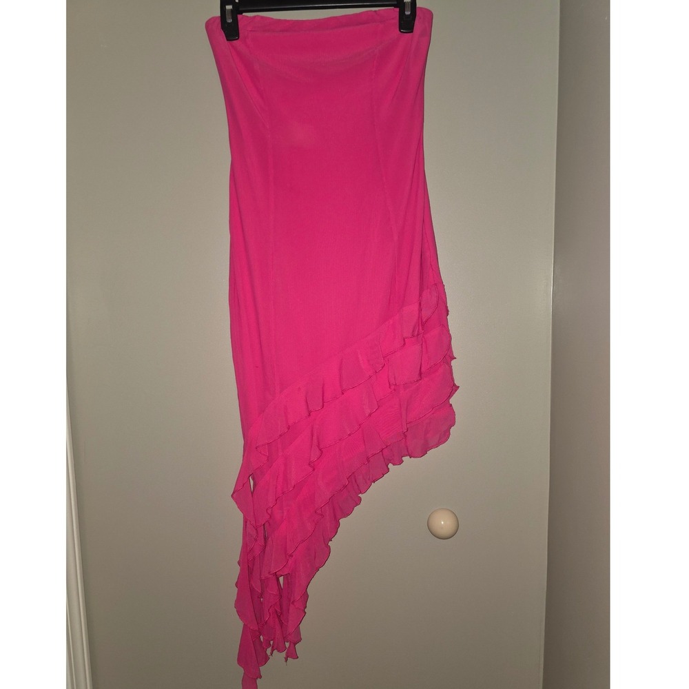 Zesica Womens Hot Pink Strapless Asymmetrical Ruffle Hem Bodycon Midi Dress Med.